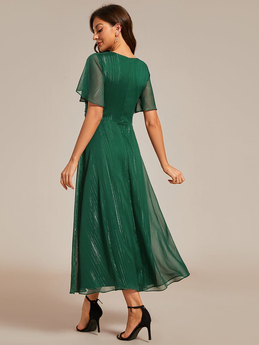 Silver Metallic Fabric V-Neck A-Line Dress featuring Delicate Ruffled Hem #color_Dark Green