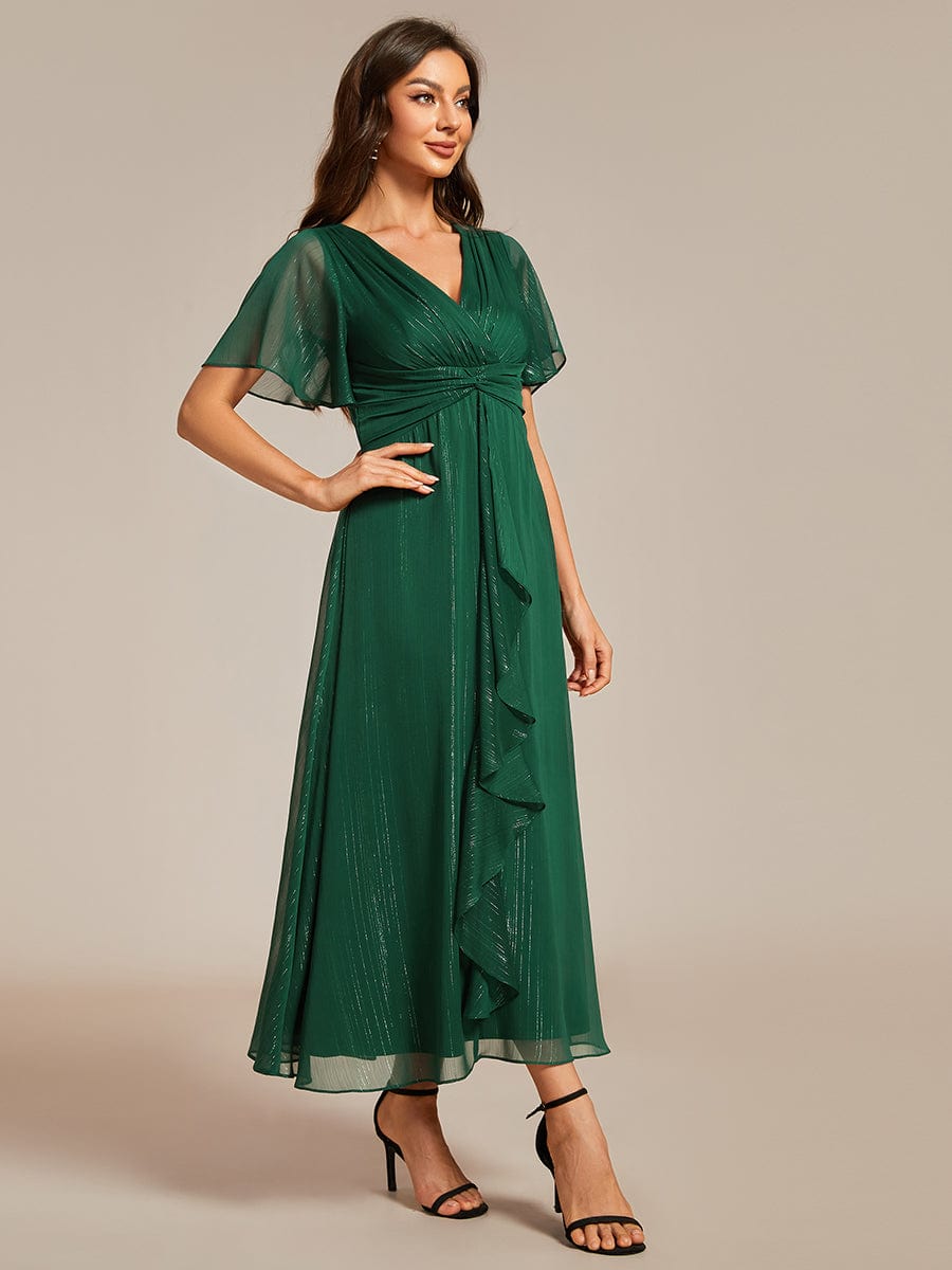 Silver Metallic Fabric V-Neck A-Line Dress featuring Delicate Ruffled Hem #color_Dark Green