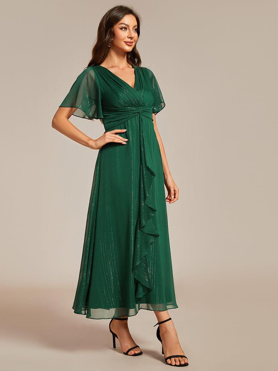 Glitter Twist Knot See-Through Long Sleeve Wedding Guest Dress #color_Dark Green