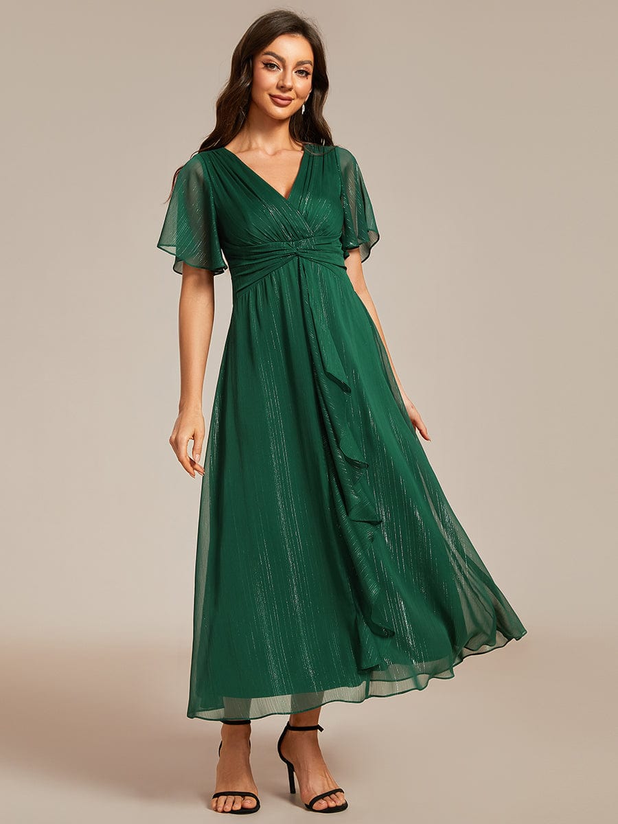 See-Through Long Sleeve Twist Knot A-Line Lotus Leaf Shimmering Evening Dress #color_Dark Green