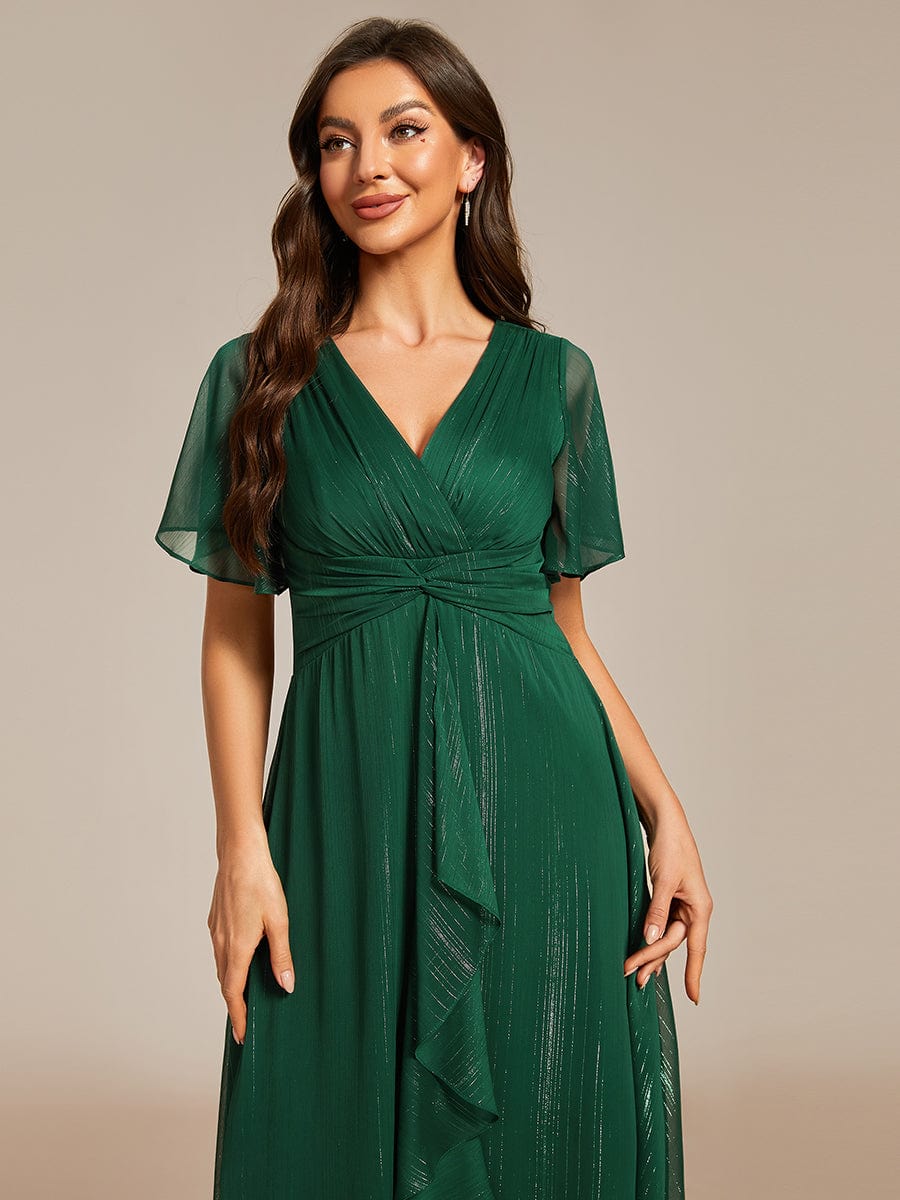 Silver Metallic Fabric V-Neck A-Line Dress featuring Delicate Ruffled Hem #color_Dark Green