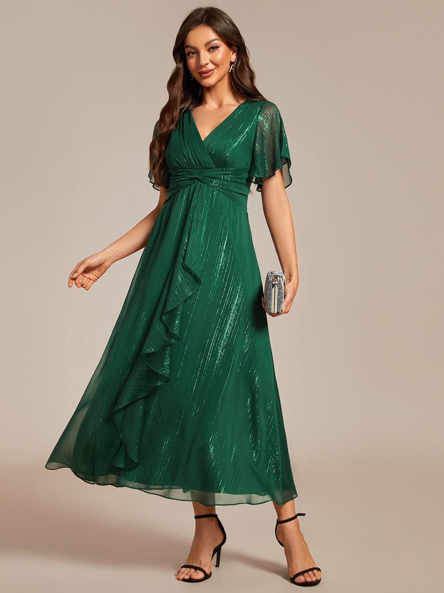 Glitter Twist Knot See-Through Long Sleeve Wedding Guest Dress #color_Dark Green