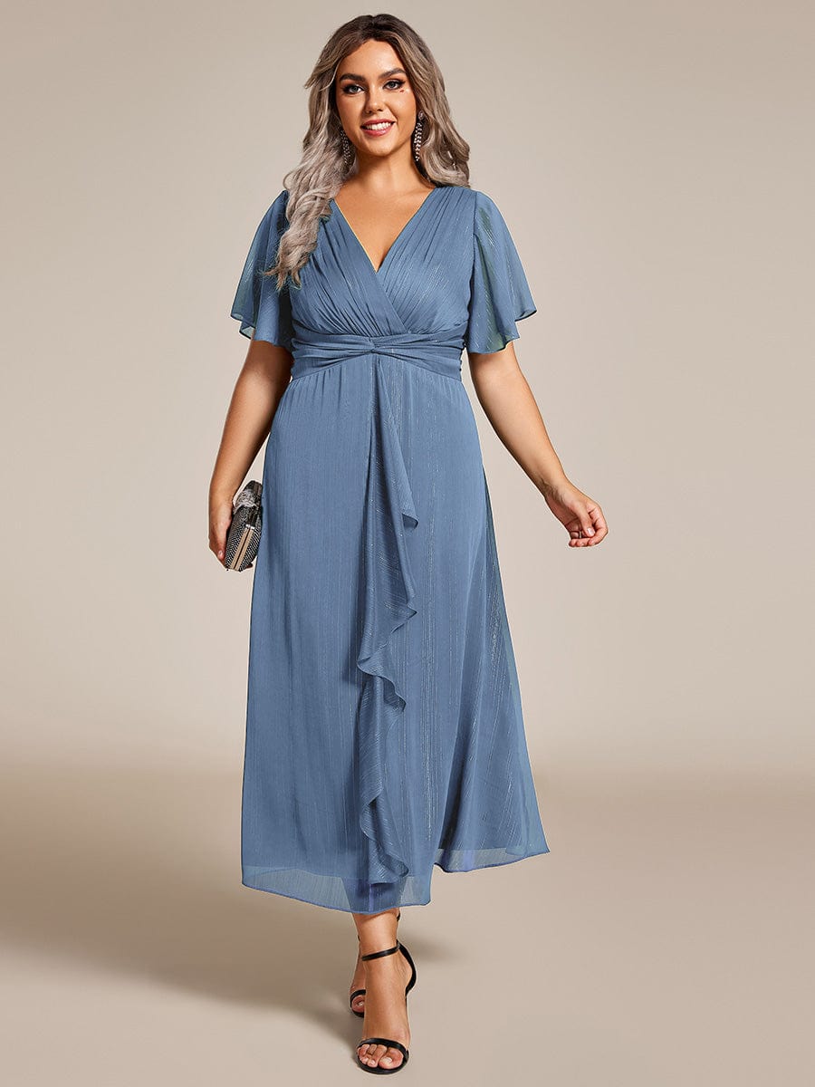 Plus Size Silver Metallic Fabric V-Neck A-Line Dress featuring Delicate Ruffled Hem #color_Dusty Blue