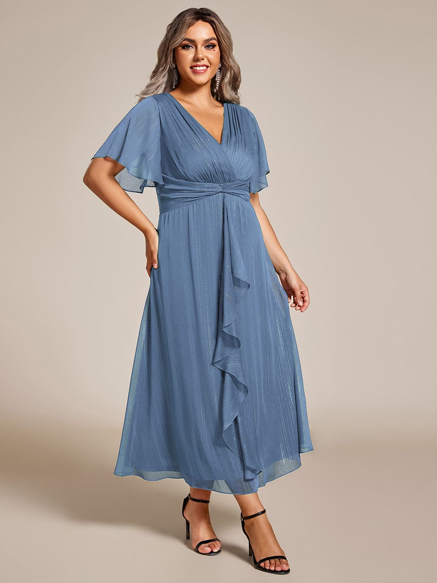 Plus Size Silver Metallic Fabric V-Neck A-Line Dress featuring Delicate Ruffled Hem #color_Dusty Blue