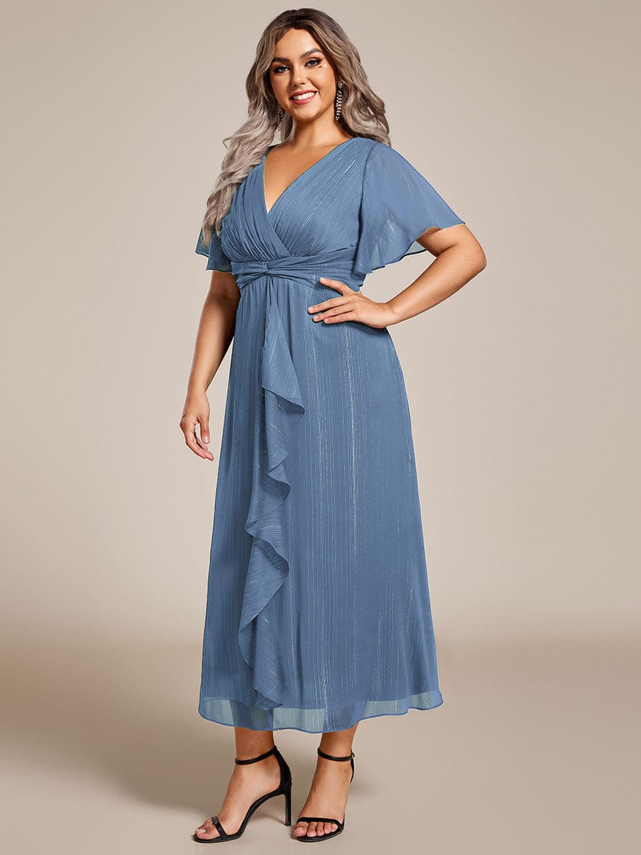 Plus Size Silver Metallic Fabric V-Neck A-Line Dress featuring Delicate Ruffled Hem #color_Dusty Blue