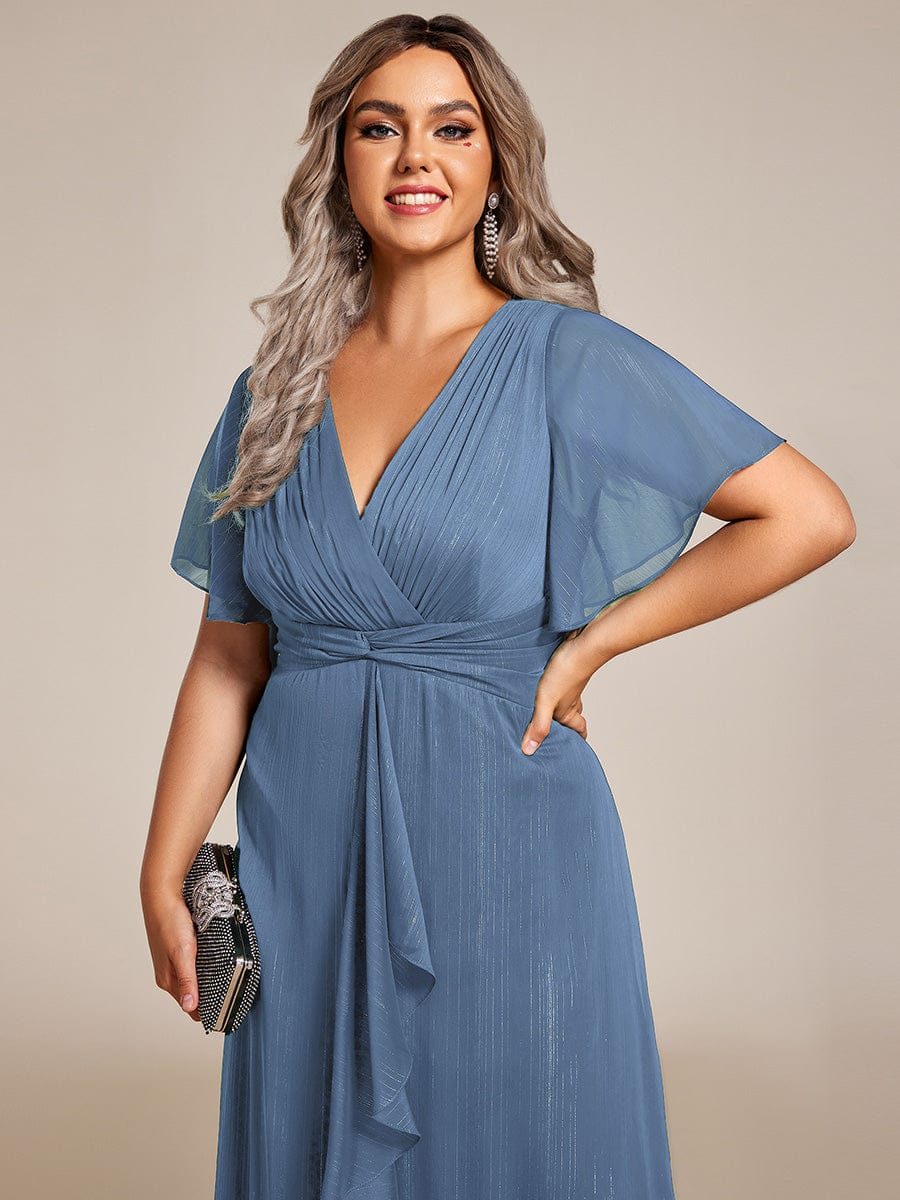 Plus Size Silver Metallic Fabric V-Neck A-Line Dress featuring Delicate Ruffled Hem #color_Dusty Blue