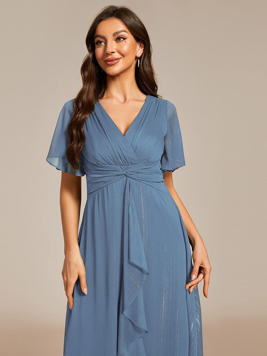 Silver Metallic Fabric V-Neck A-Line Dress featuring Delicate Ruffled Hem #color_Dusty Navy