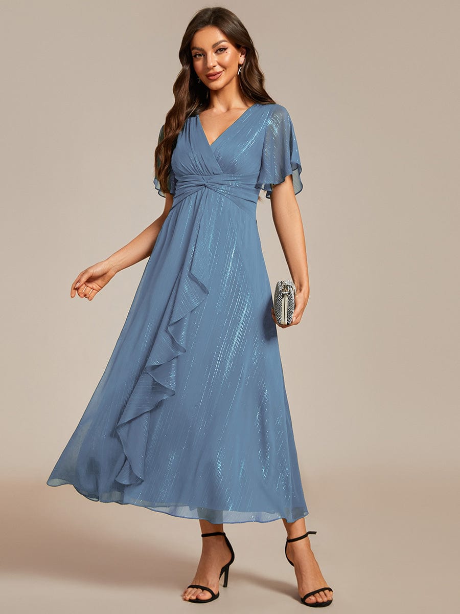 Silver Metallic Fabric V-Neck A-Line Dress featuring Delicate Ruffled Hem #color_Dusty Blue