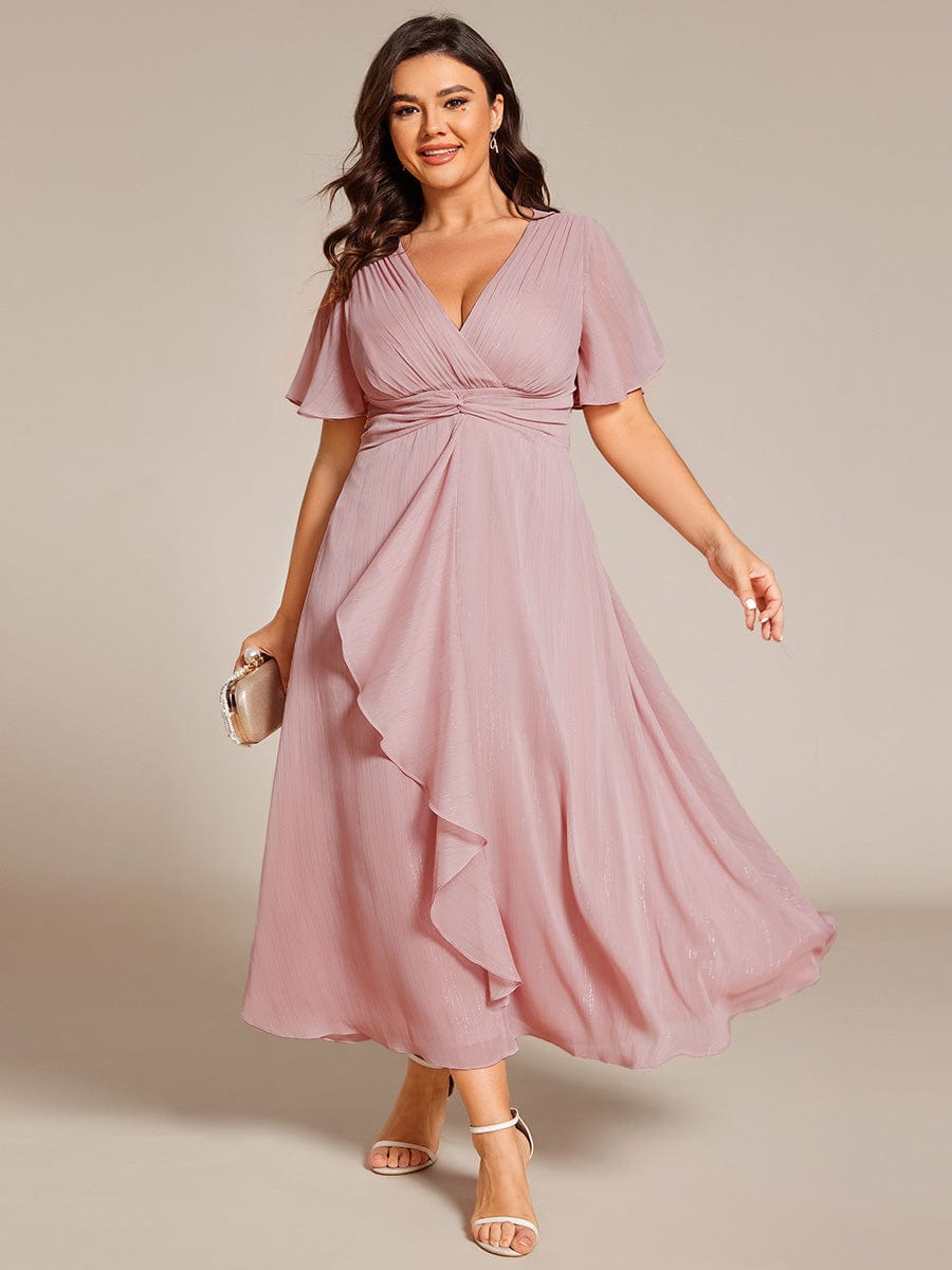 Plus Size Silver Metallic Fabric V-Neck A-Line Dress featuring Delicate Ruffled Hem #color_Dusty Rose