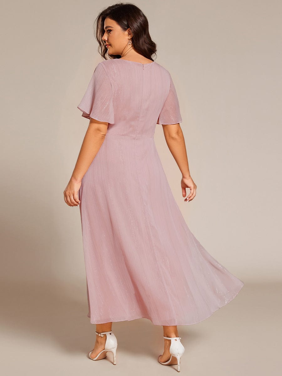 Silver Metallic Fabric V-Neck A-Line Dress featuring Delicate Ruffled Hem #color_Dusty Rose