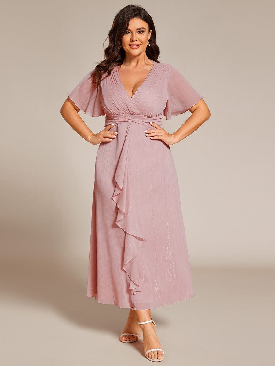 Plus Size Silver Metallic Fabric V-Neck A-Line Dress featuring Delicate Ruffled Hem #color_Dusty Rose