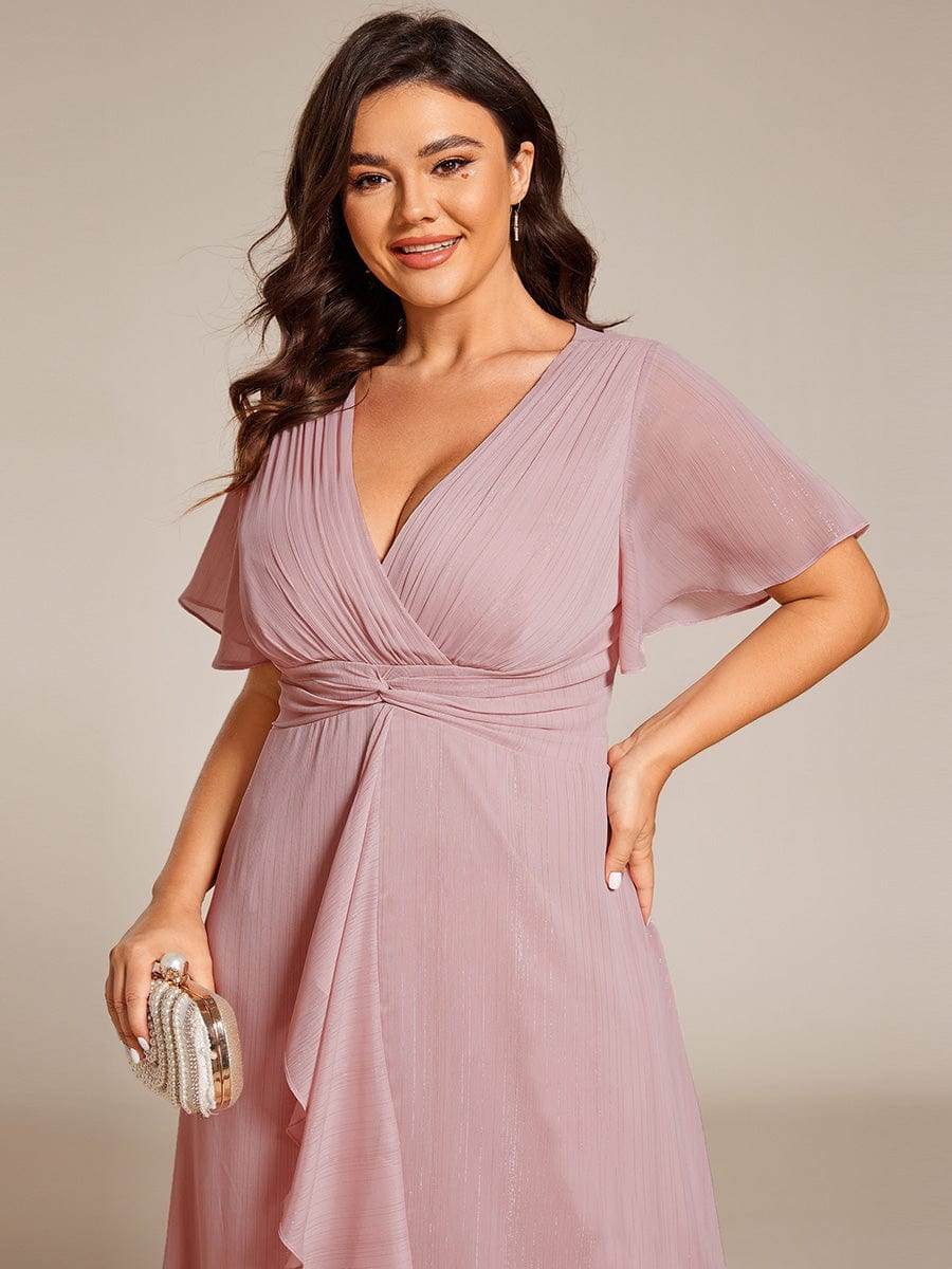 Silver Metallic Fabric V-Neck A-Line Dress featuring Delicate Ruffled Hem #color_Dusty Rose