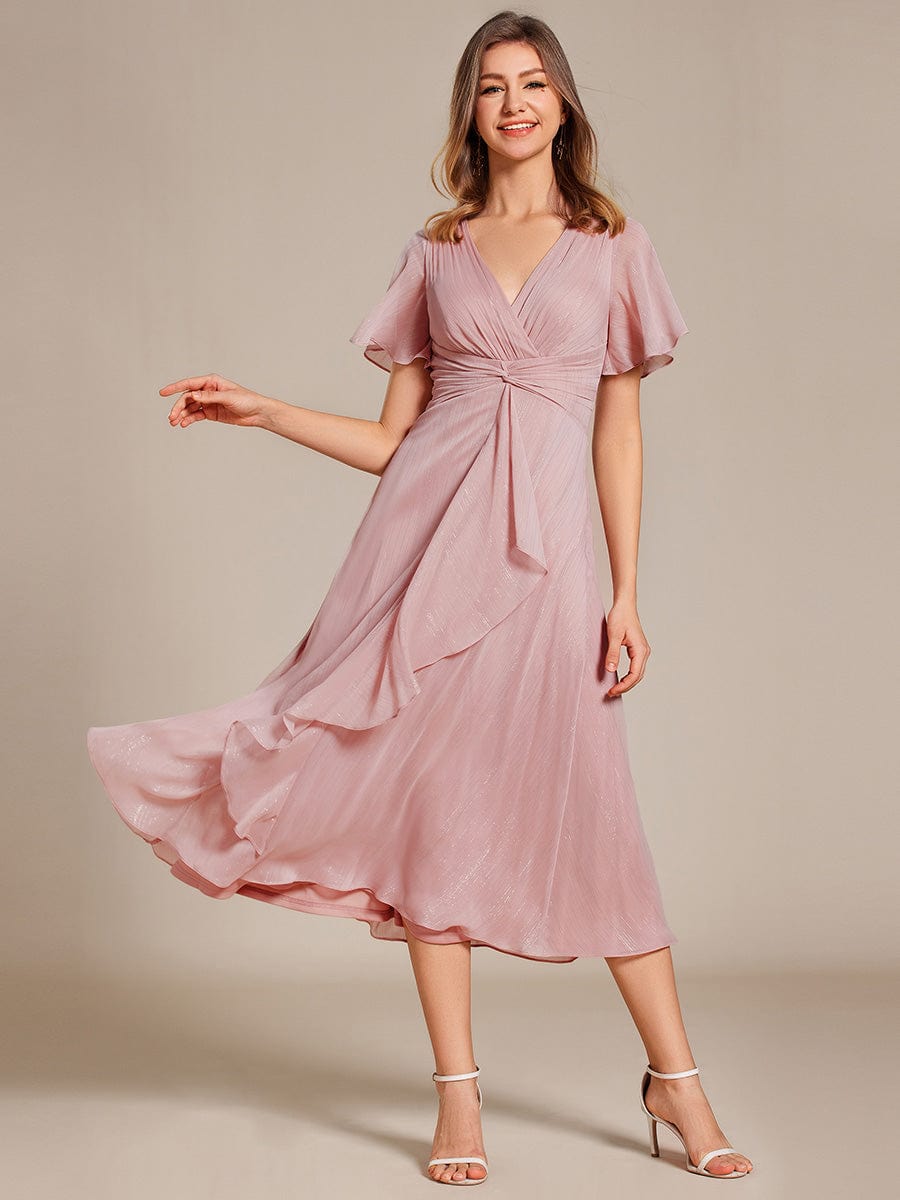 Silver Metallic Fabric V-Neck A-Line Dress featuring Delicate Ruffled Hem #color_Dusty Rose