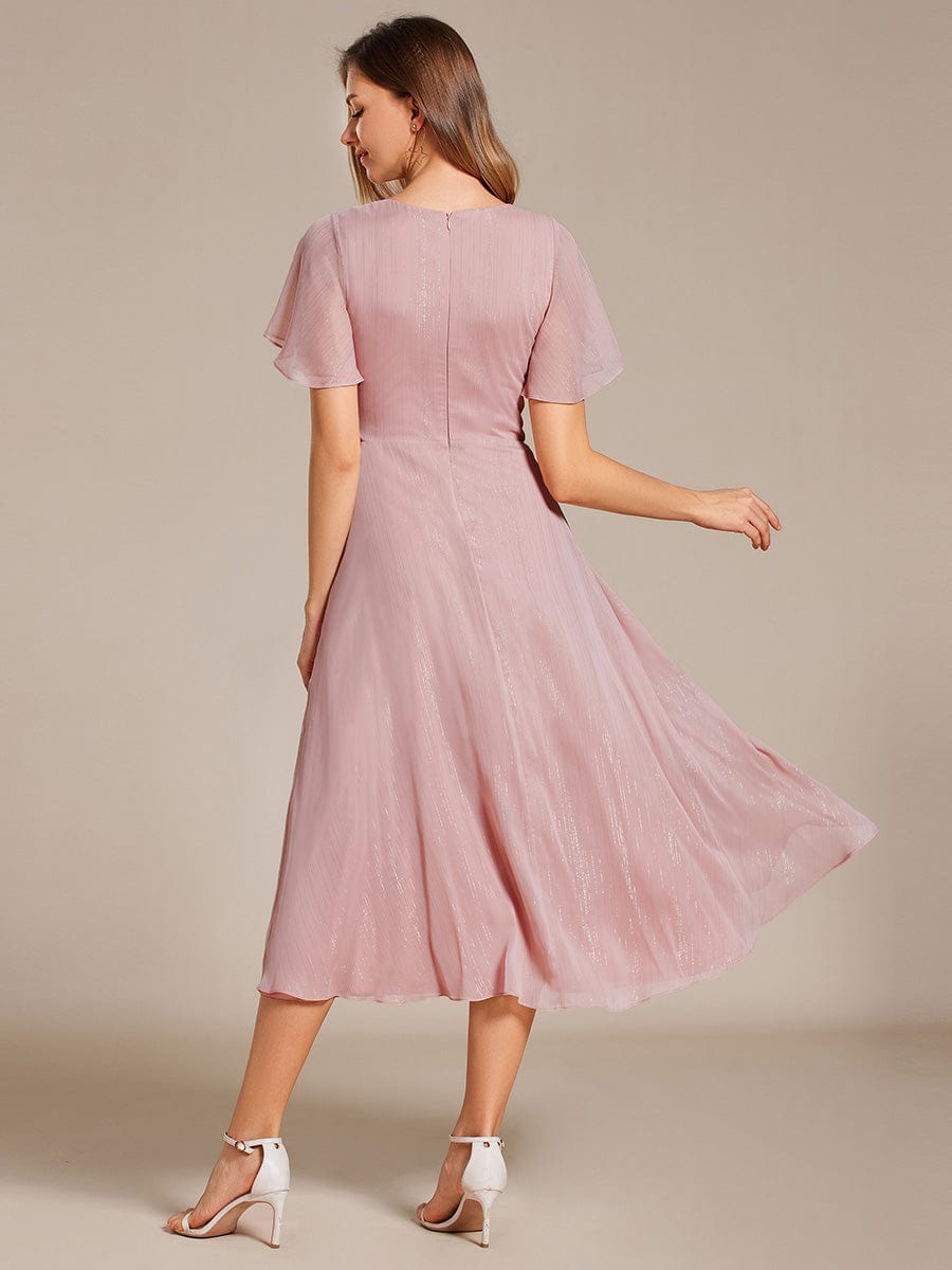 Silver Metallic Fabric V-Neck A-Line Dress featuring Delicate Ruffled Hem #color_Dusty Rose