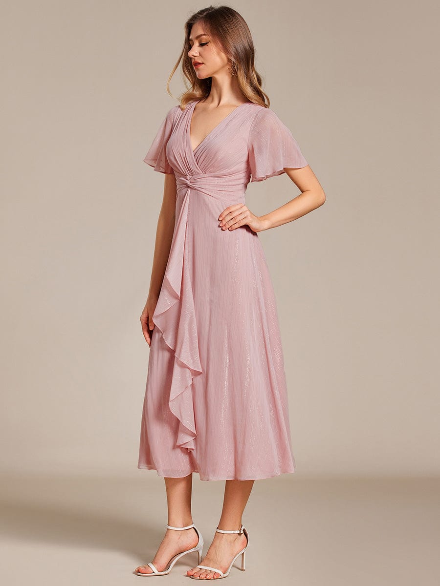 Silver Metallic Fabric V-Neck A-Line Dress featuring Delicate Ruffled Hem #color_Dusty Rose