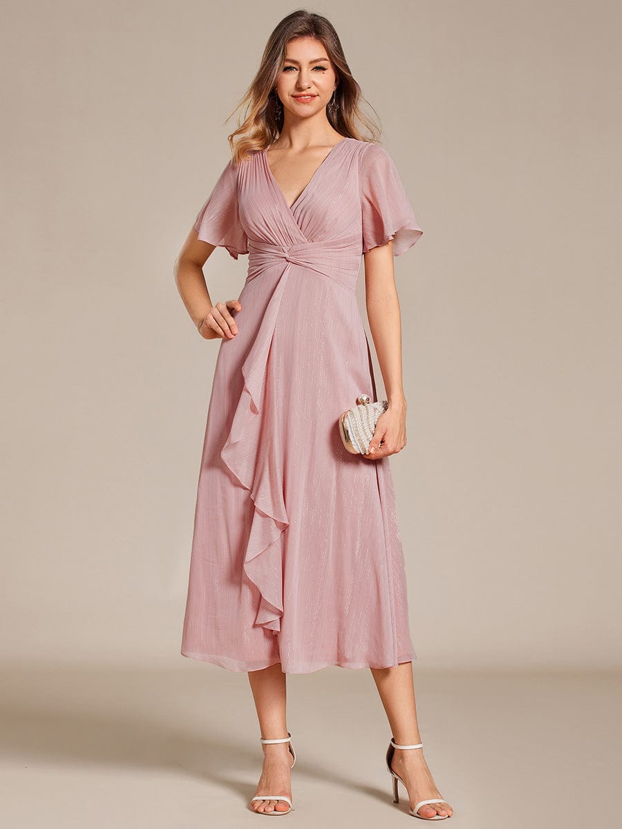 Silver Metallic Fabric V-Neck A-Line Dress featuring Delicate Ruffled Hem #color_Dusty Rose