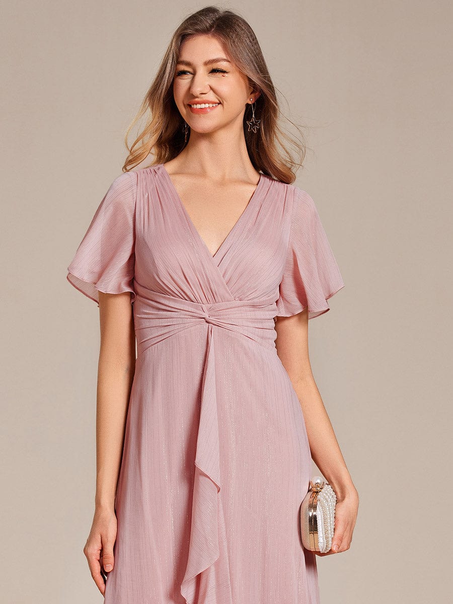 Silver Metallic Fabric V-Neck A-Line Dress featuring Delicate Ruffled Hem #color_Dusty Rose