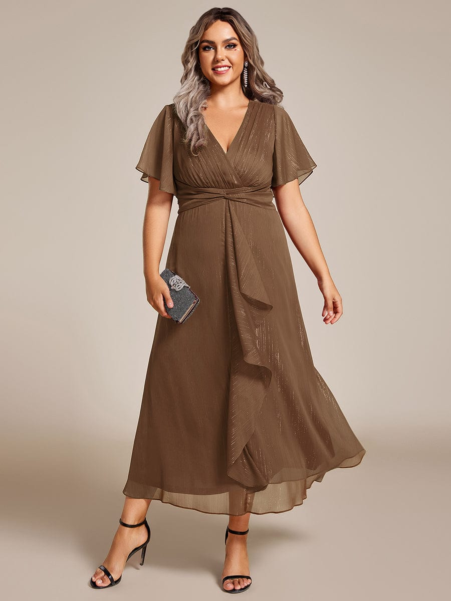 Custom Size Silver Metallic Fabric V-Neck A-Line Dress featuring Delicate Ruffled Hem #color_Brown