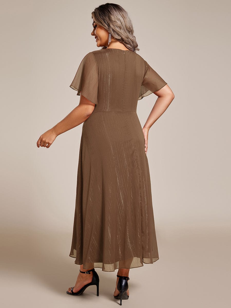 Custom Size Silver Metallic Fabric V-Neck A-Line Dress featuring Delicate Ruffled Hem #color_Brown