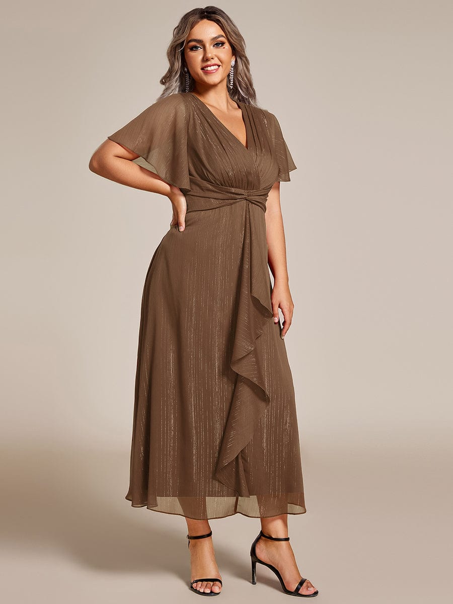 Custom Size Silver Metallic Fabric V-Neck A-Line Dress featuring Delicate Ruffled Hem #color_Brown