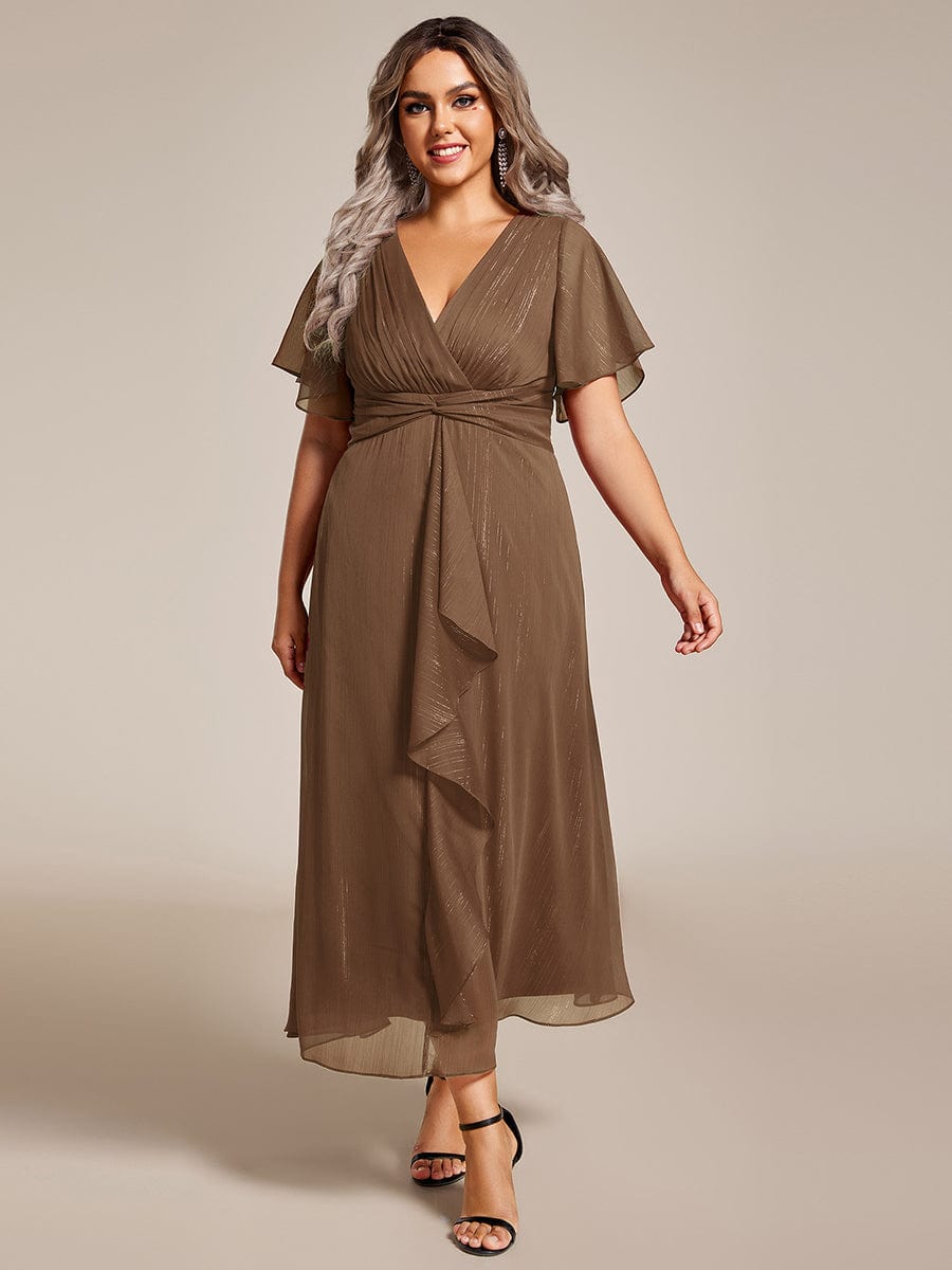 Custom Size Silver Metallic Fabric V-Neck A-Line Dress featuring Delicate Ruffled Hem #color_Brown