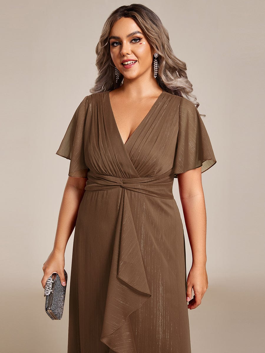 Custom Size Silver Metallic Fabric V-Neck A-Line Dress featuring Delicate Ruffled Hem #color_Brown