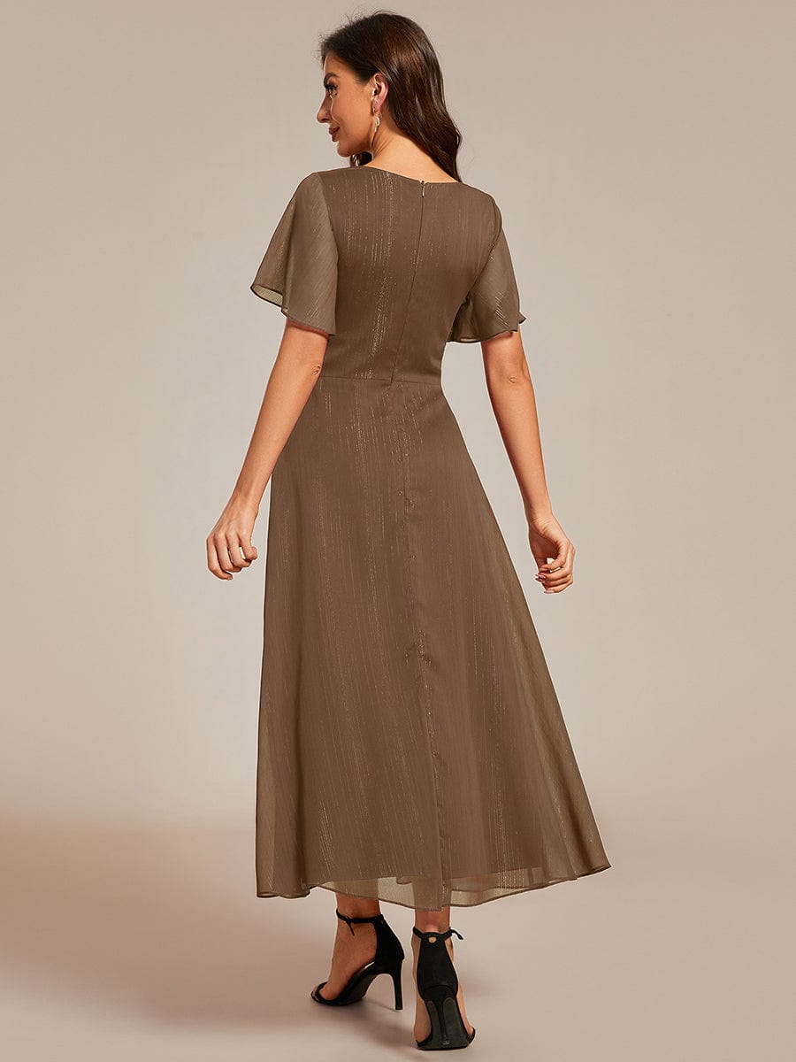 Custom Size Silver Metallic Fabric V-Neck A-Line Dress featuring Delicate Ruffled Hem #color_Brown