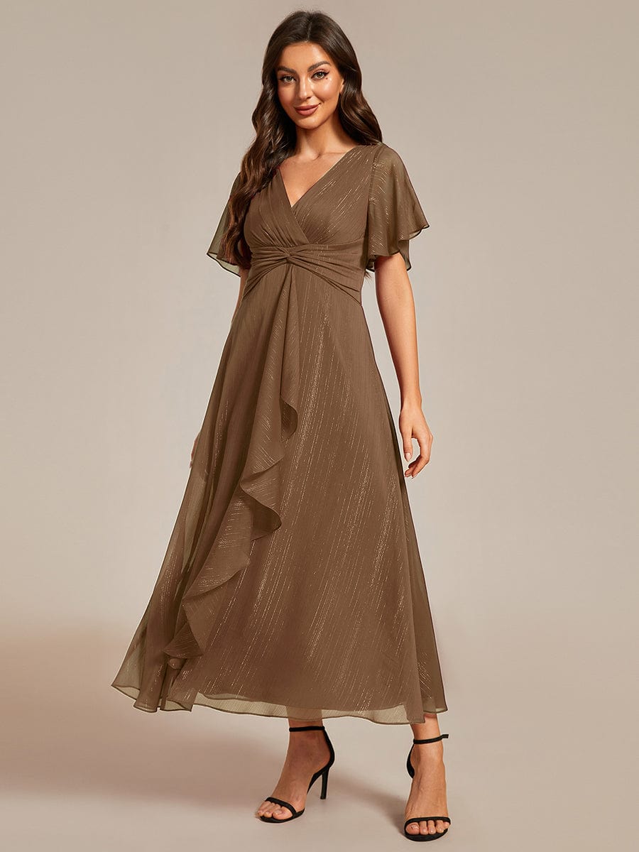 Custom Size Silver Metallic Fabric V-Neck A-Line Dress featuring Delicate Ruffled Hem #color_Brown