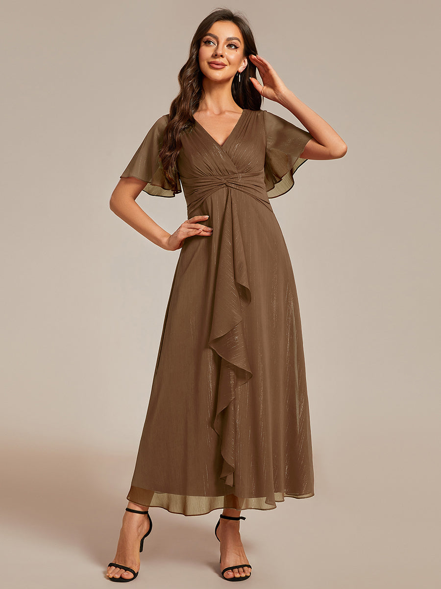 Custom Size Silver Metallic Fabric V-Neck A-Line Dress featuring Delicate Ruffled Hem #color_Brown