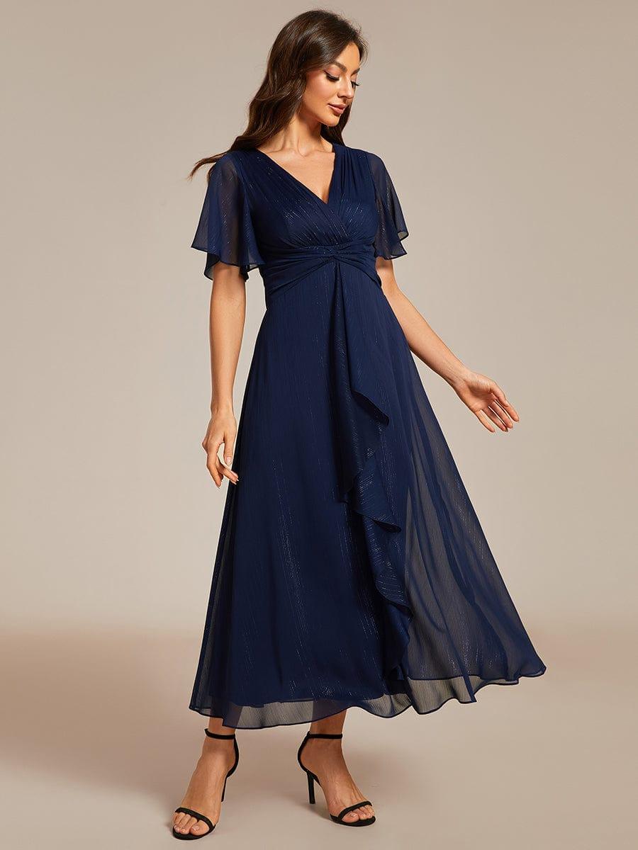 Glitter Twist Knot See-Through Long Sleeve Wedding Guest Dress #color_Navy Blue