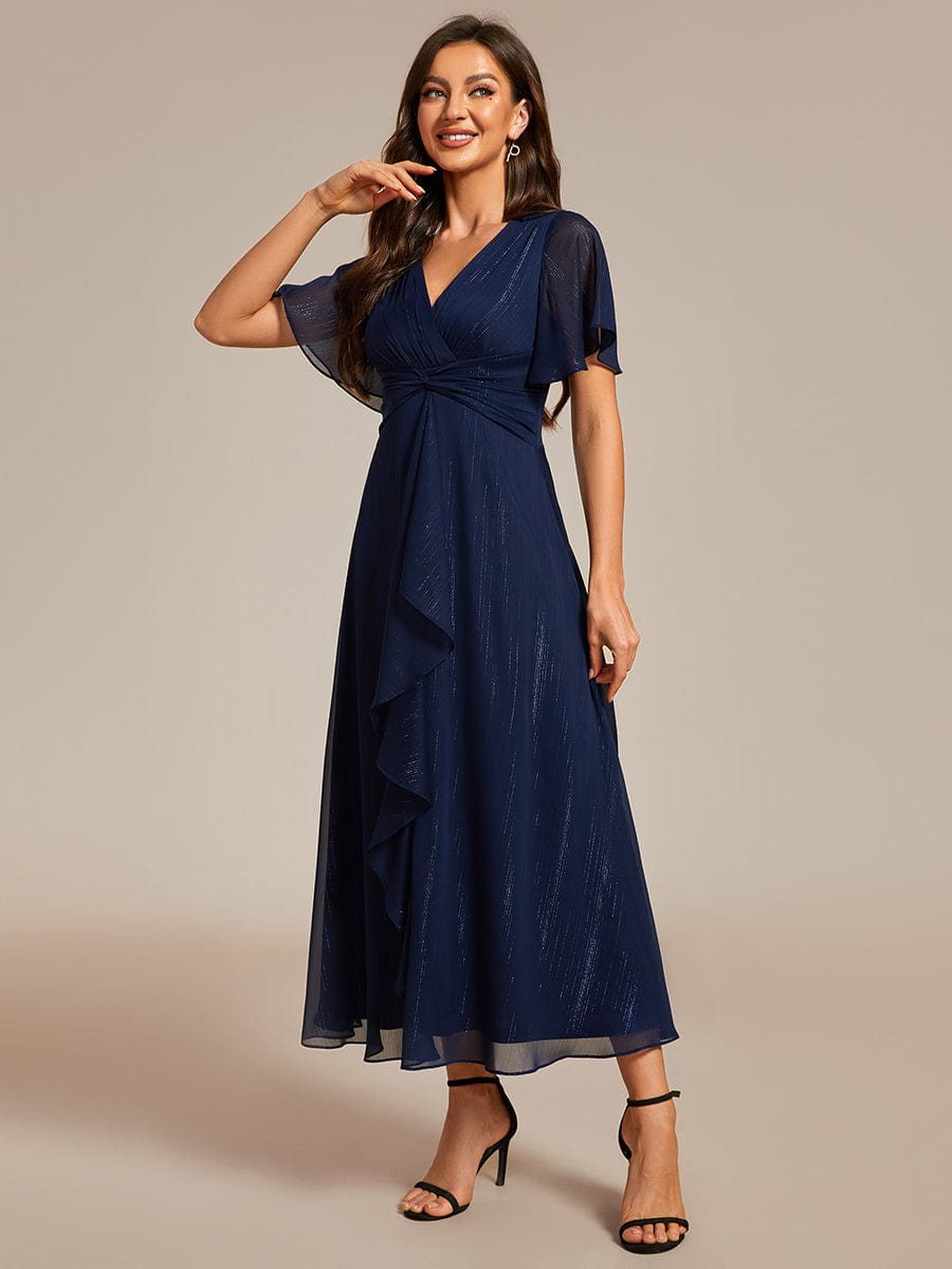 See-Through Long Sleeve Twist Knot A-Line Lotus Leaf Shimmering Evening Dress #color_Navy Blue