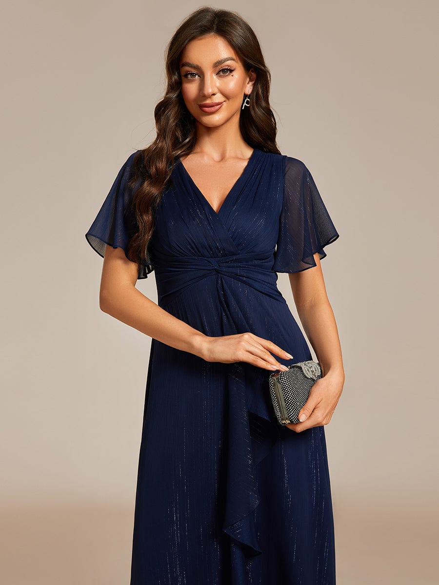 Silver Metallic Fabric V-Neck A-Line Dress featuring Delicate Ruffled Hem #color_Navy Blue