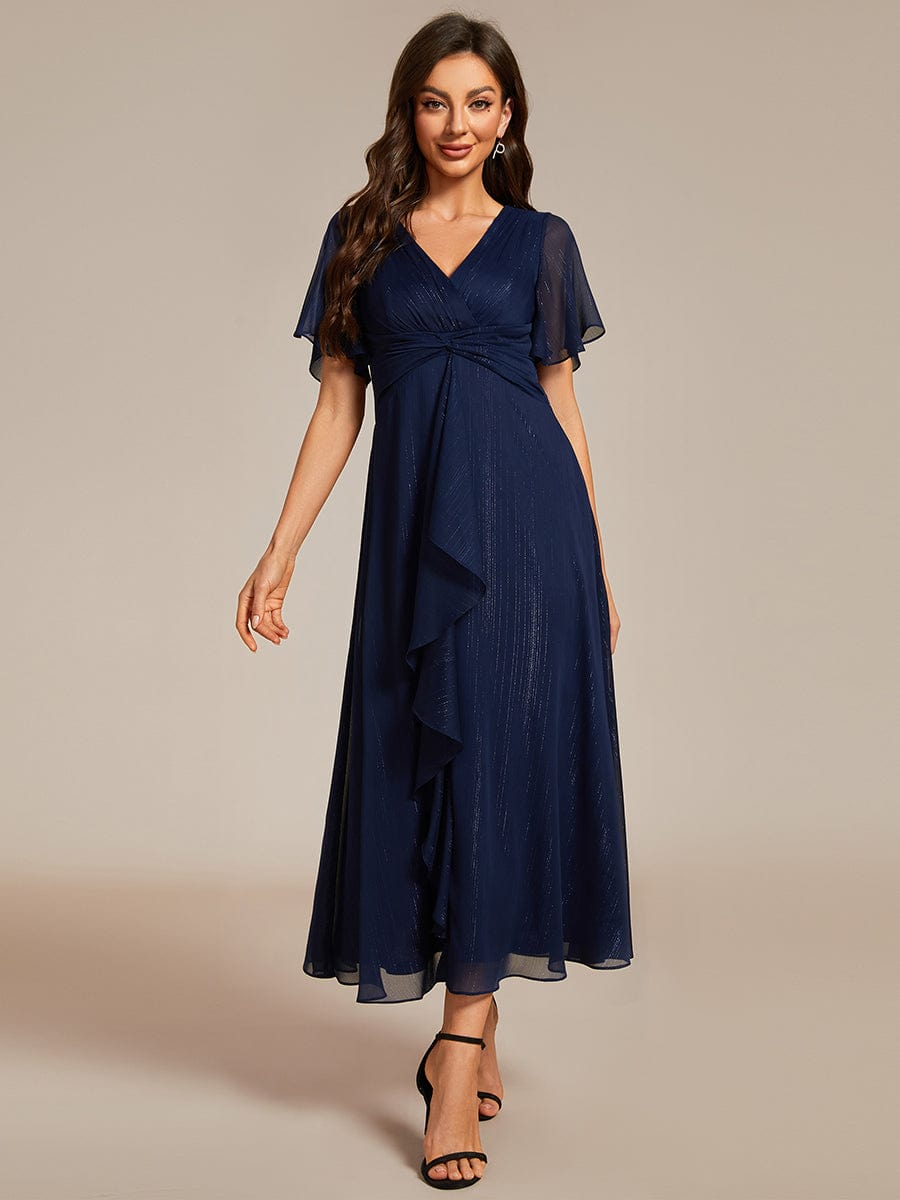 See-Through Long Sleeve Twist Knot A-Line Lotus Leaf Shimmering Evening Dress #color_Navy Blue