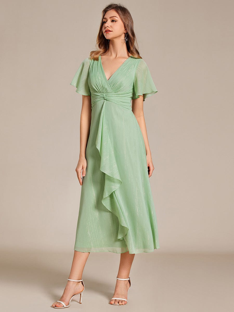 Silver Metallic Fabric V-Neck A-Line Dress featuring Delicate Ruffled Hem #color_Summer Green