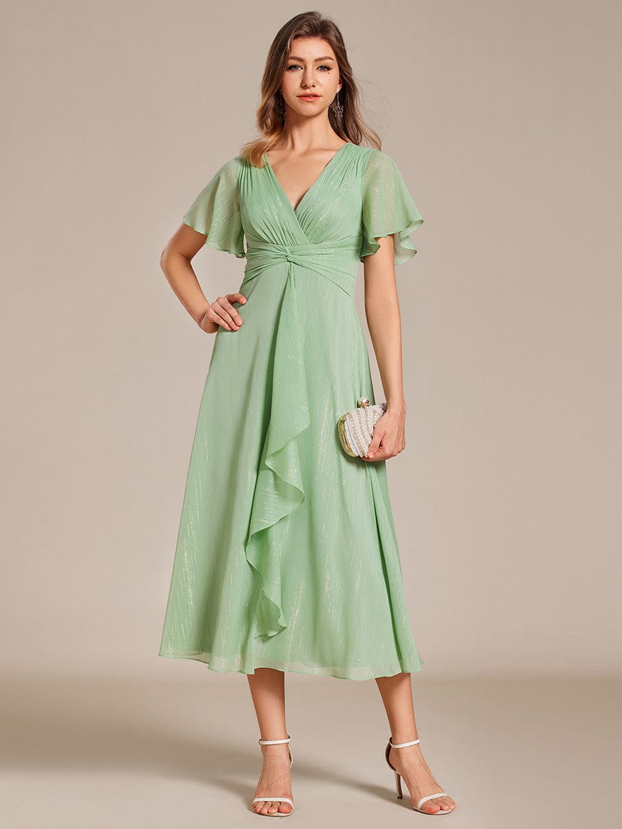 Silver Metallic Fabric V-Neck A-Line Dress featuring Delicate Ruffled Hem #color_Summer Green