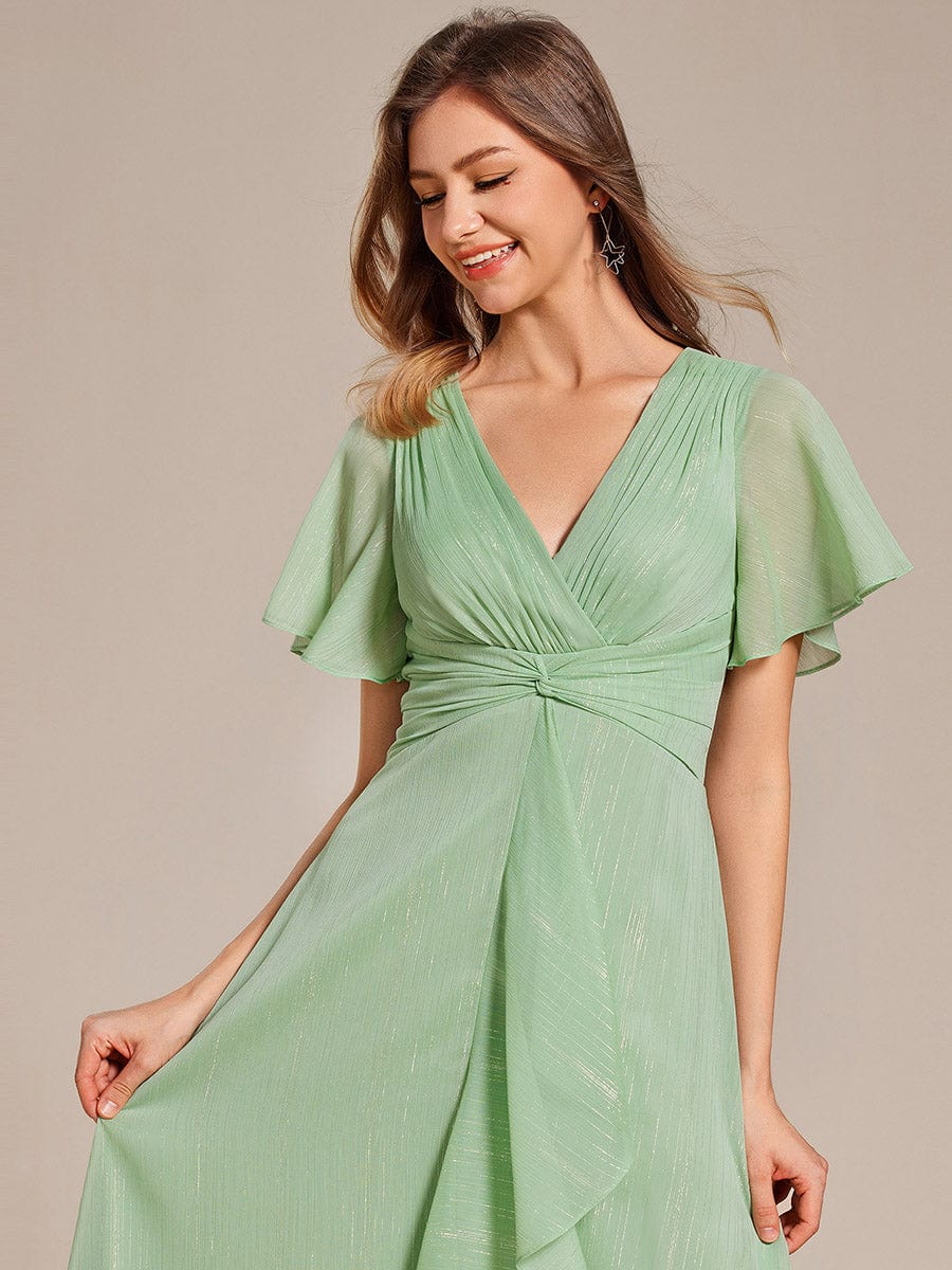 Silver Metallic Fabric V-Neck A-Line Dress featuring Delicate Ruffled Hem #color_Summer Green