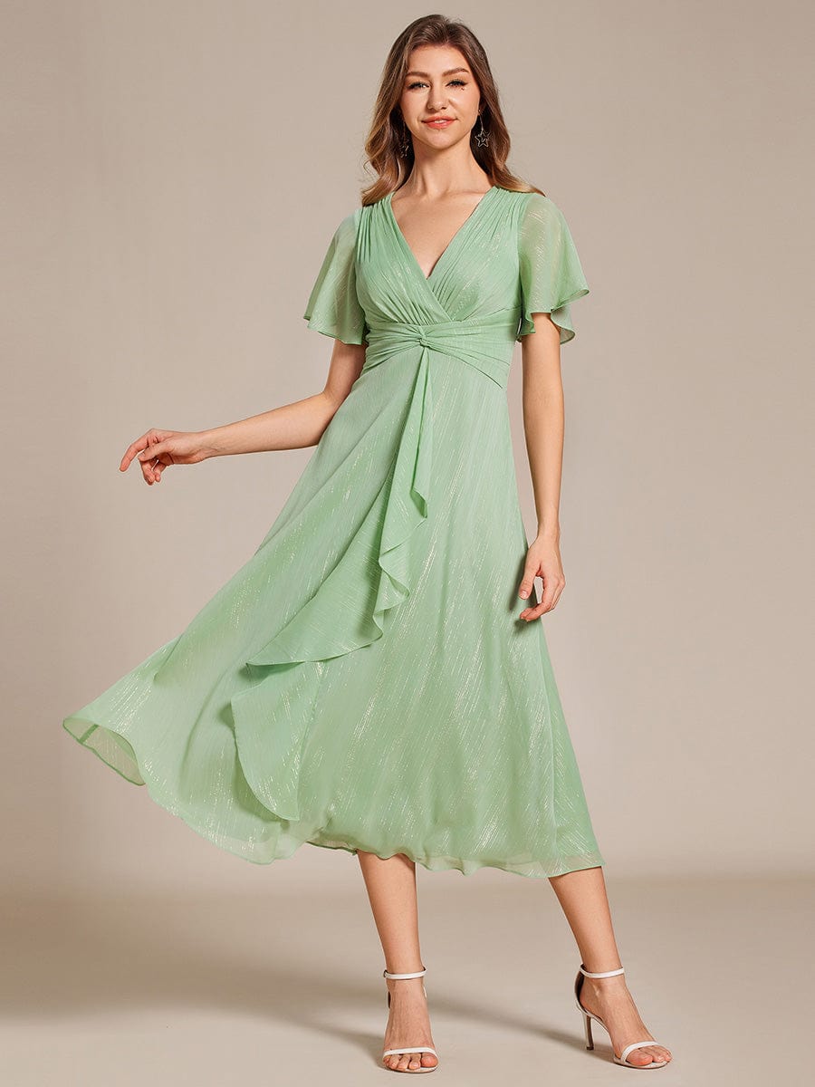 Silver Metallic Fabric V-Neck A-Line Dress featuring Delicate Ruffled Hem #color_Summer Green