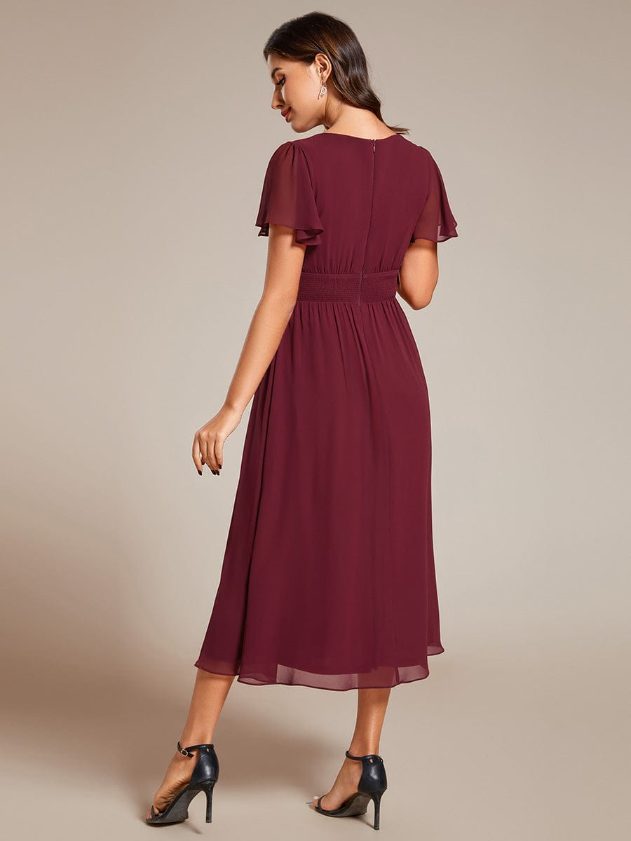 Elegant V-Neck Ruffle Sleeves Empire Waist Wedding Guest Dress in Chiffon #color_Burgundy