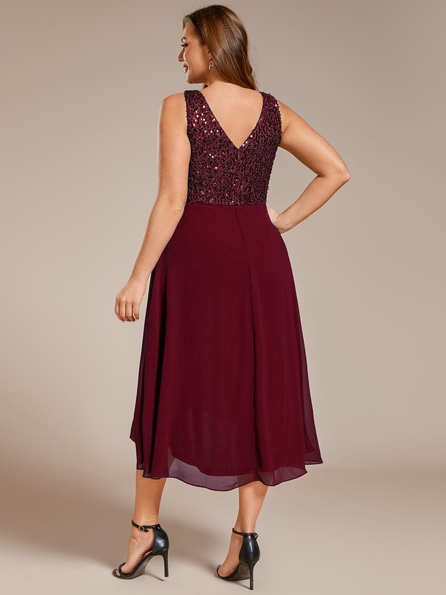 Plus Size Sequin Bodice V-Neck Sleeveless Chiffon Wedding Guest Dress #color_Burgundy