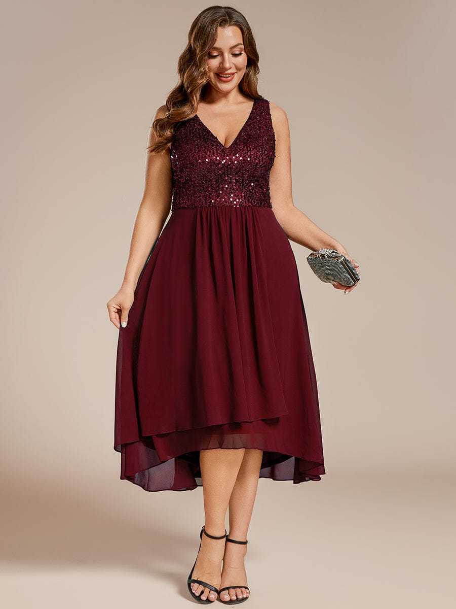 Plus Size Sequin Bodice V-Neck Sleeveless Chiffon Wedding Guest Dress #color_Burgundy