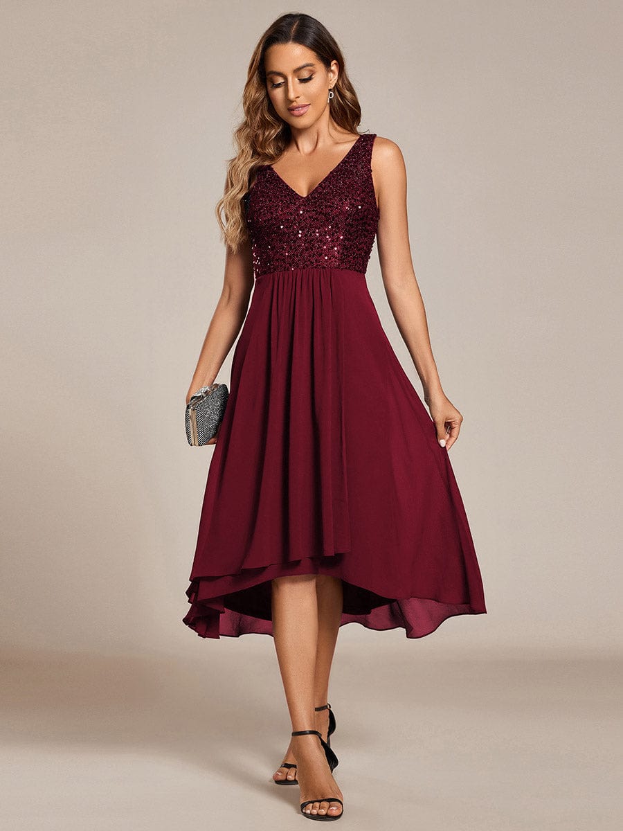 Chic V-Neck Sleeveless Chiffon Wedding Guest Dress with Sequin Bodice #color_Burgundy