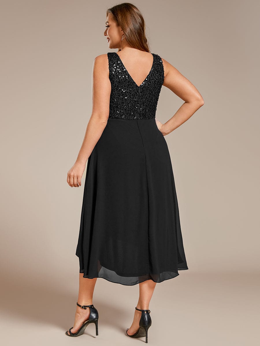 Chic V-Neck Sleeveless Chiffon Wedding Guest Dress with Sequin Bodice #color_Black