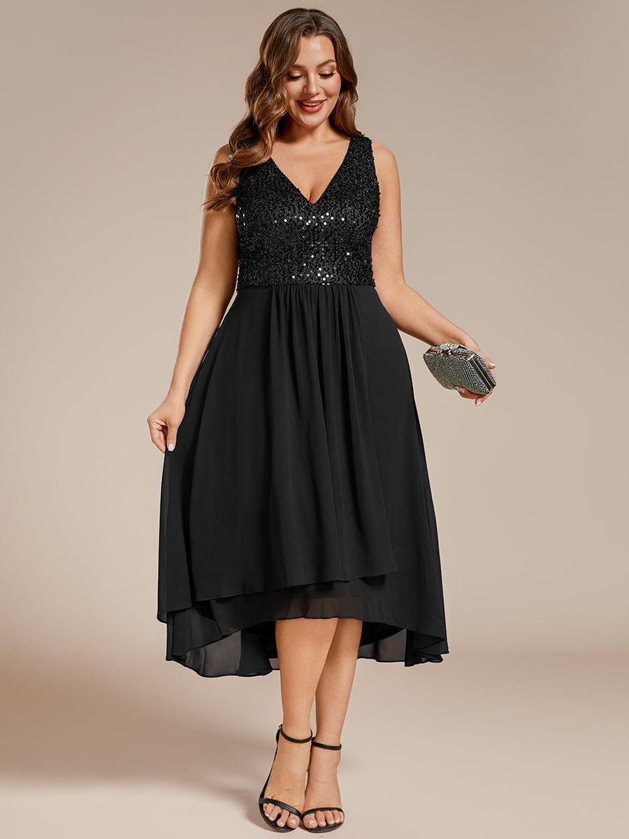 Plus Size Sequin Bodice V-Neck Sleeveless Chiffon Wedding Guest Dress #color_Black