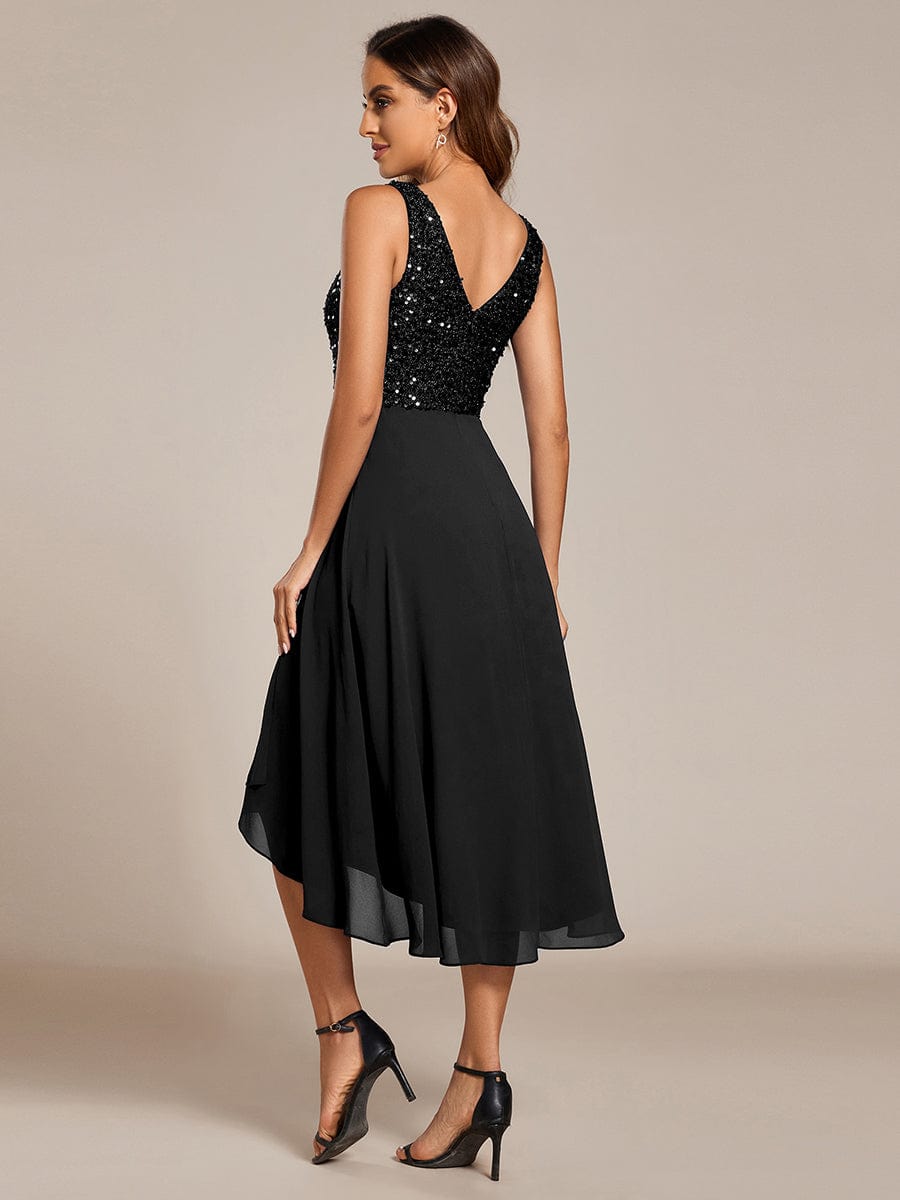 Chic V-Neck Sleeveless Chiffon Wedding Guest Dress with Sequin Bodice #color_Black