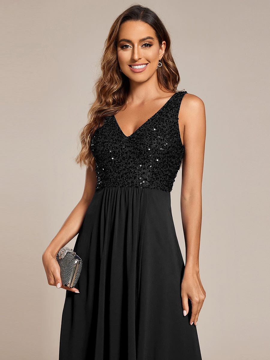 Chic V-Neck Sleeveless Chiffon Wedding Guest Dress with Sequin Bodice #color_Black