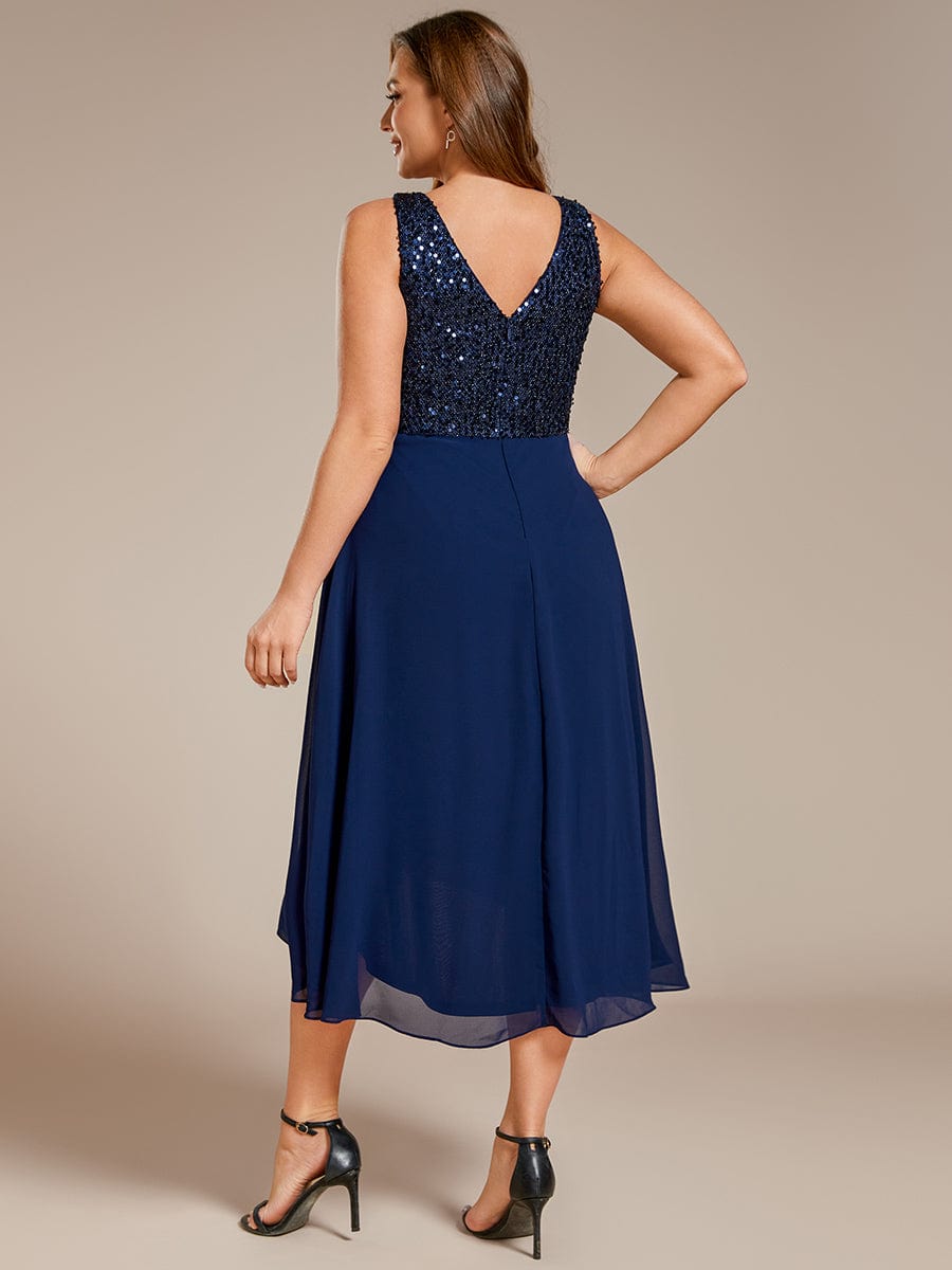 Plus Size Sequin Bodice V-Neck Sleeveless Chiffon Wedding Guest Dress #color_Navy Blue