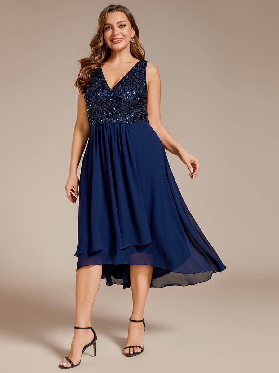Chic V-Neck Sleeveless Chiffon Wedding Guest Dress with Sequin Bodice #color_Navy Blue