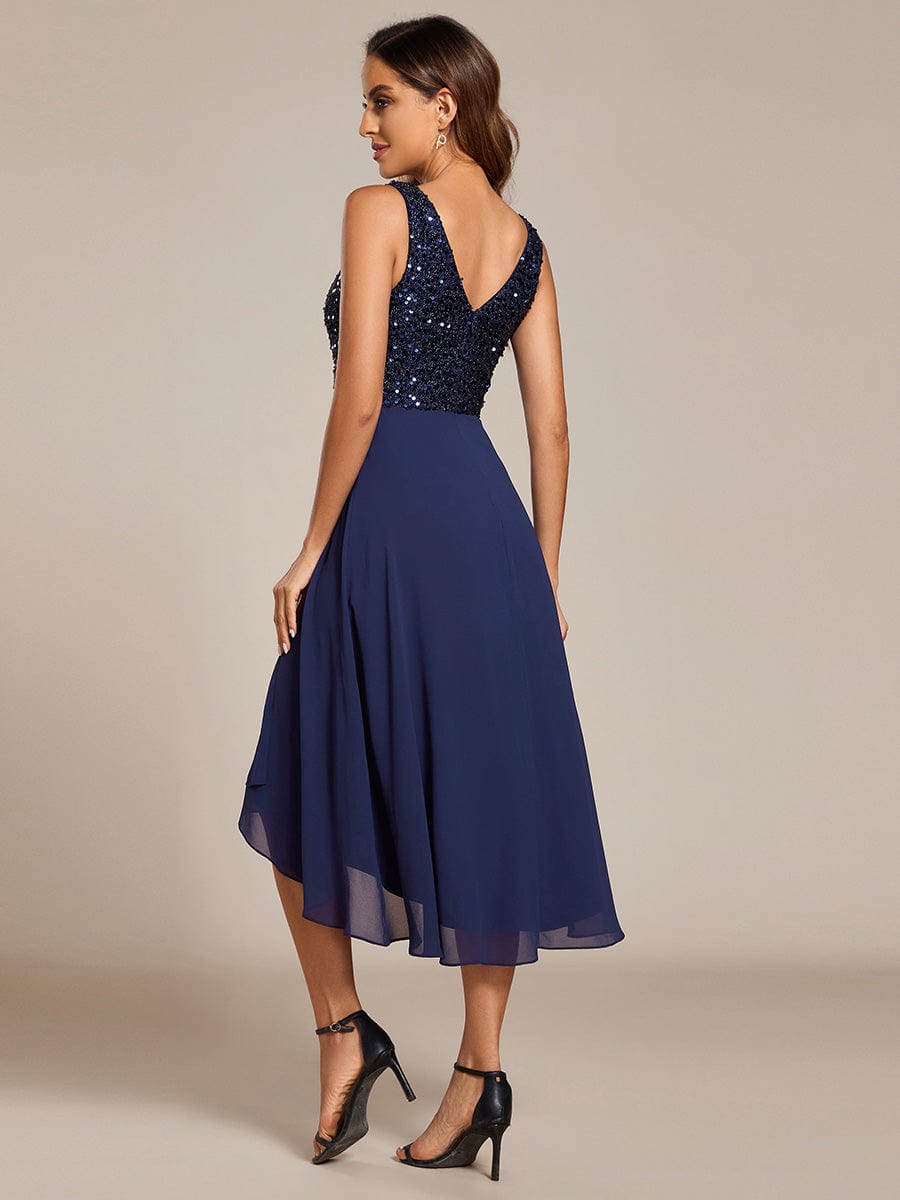 Chic V-Neck Sleeveless Chiffon Wedding Guest Dress with Sequin Bodice #color_Navy Blue