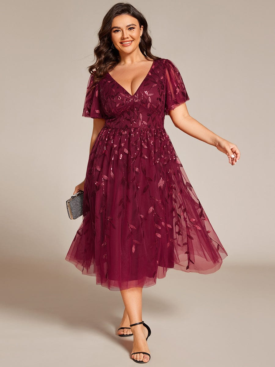 Plus Size Sparkly A-Line Midi Tulle Formal Wedding Guest Dress with Leaf Sequin #color_Burgundy