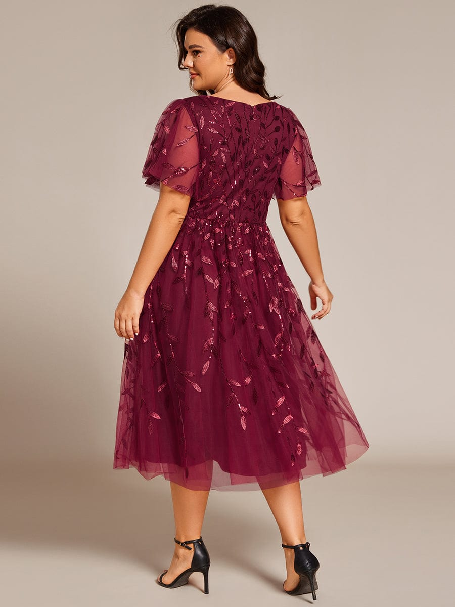 Short Sleeves Leaf Sequin A-Line Midi Formal Wedding Guest Dress #color_Burgundy